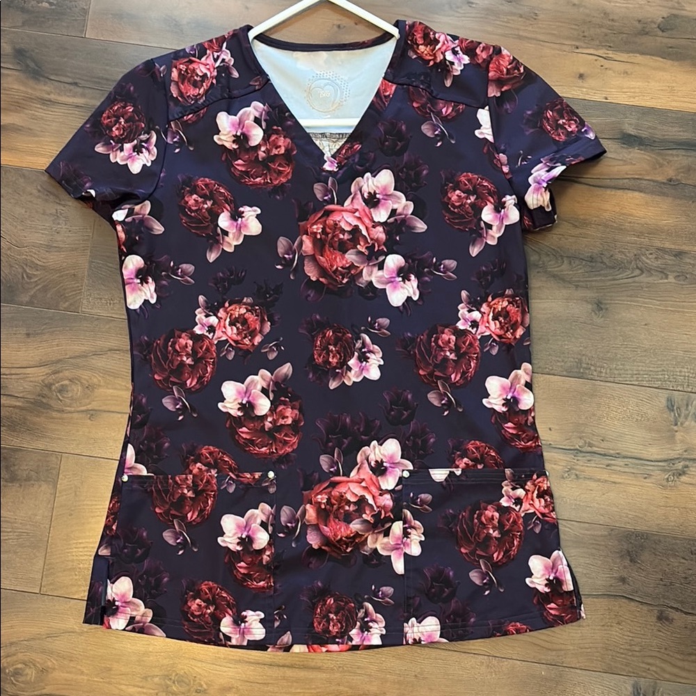 Purple with Pink red floral design Short Sleeve Health Pro XS Scrub Top